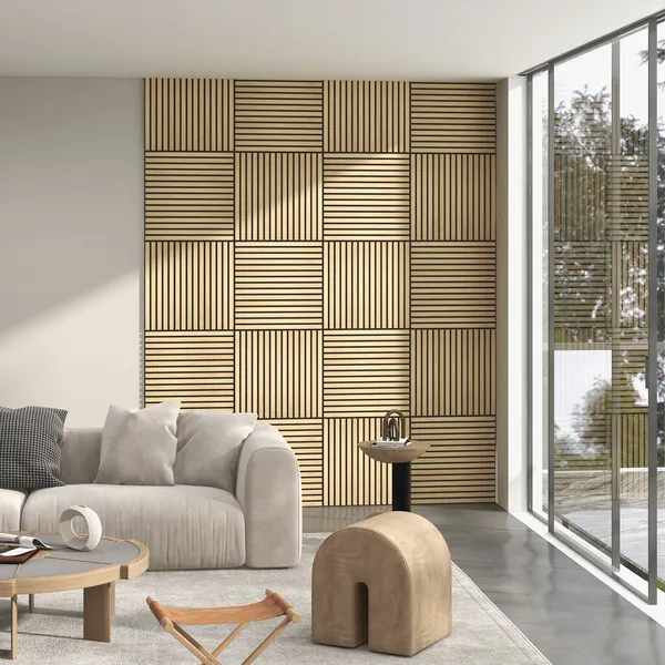 Panneaux de bois 24 po x 24 po pour mur, ensemble de 4 panneaux sonores, mur de lattes insonorisantes pour décoration murale, maison, chêne
