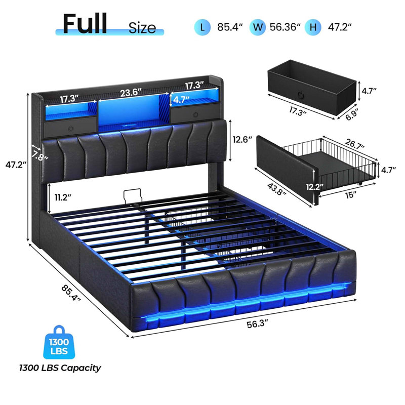 Full Bed Frames With Storage Headboard And 2 Large Drawers, Gaming Bed With Rgb Lights And Charging Station, Leather Upholstered Platform Bed, Esports-Style Bed, No Box Spring Needed, Black