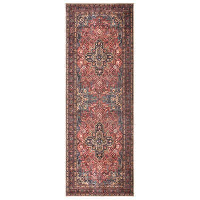  Washable Non-Slip Rug - Red/Teal Blue/Yellow Traditional Medallion Area Rug for Living Room, Bedroom, Dining Room, and Kitchen