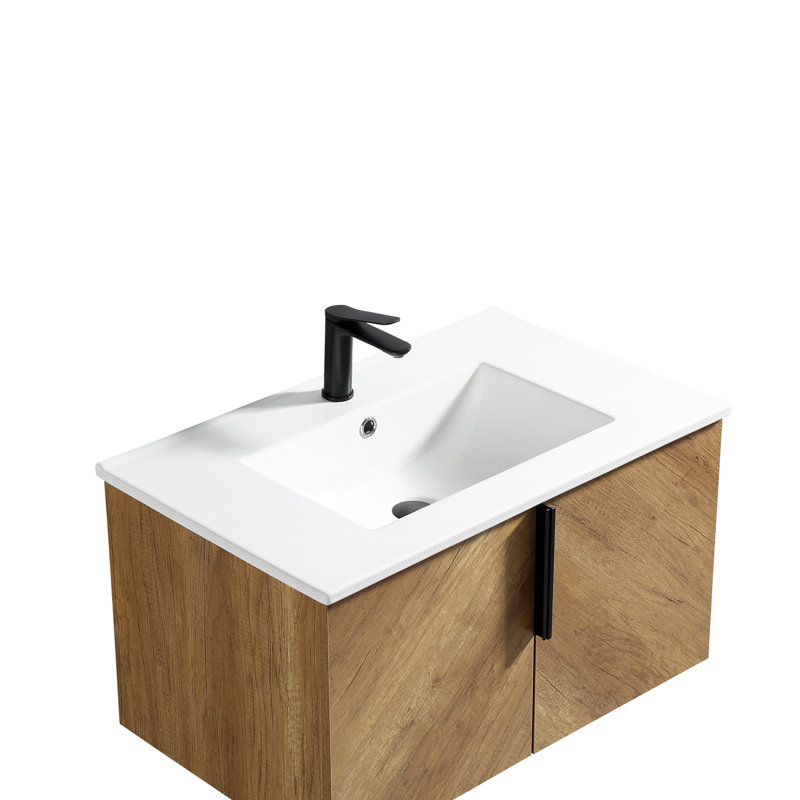Meuble-lavabo mural 30 po avec panneau cannelé 3D et lavabo intégré en céramique