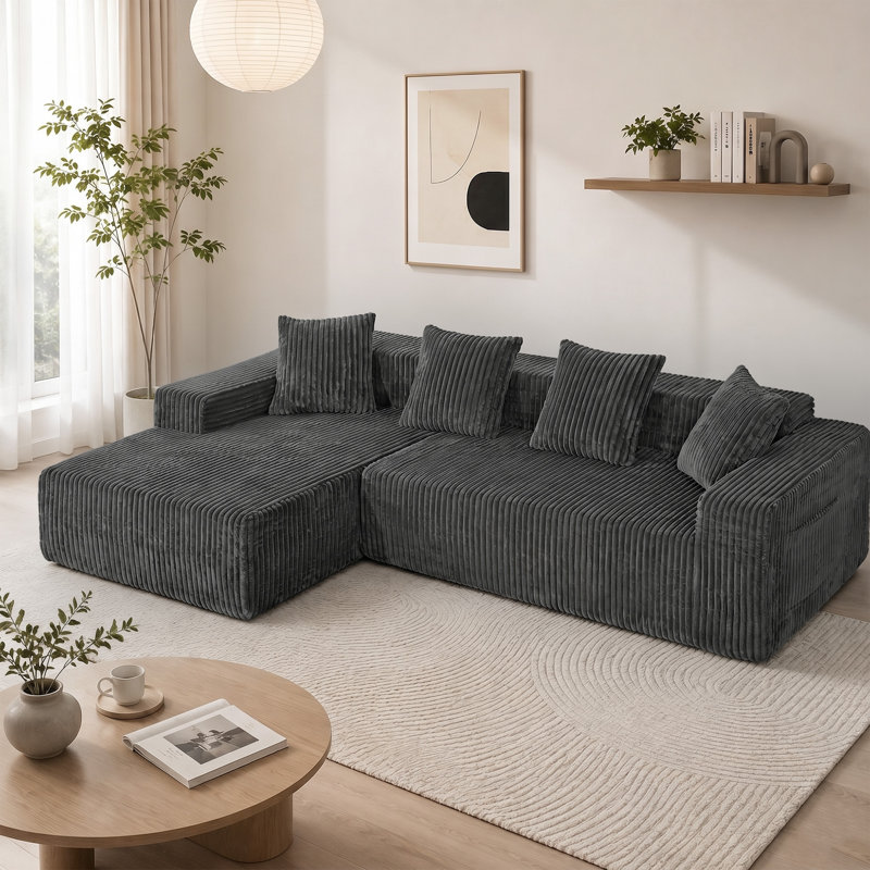 Modern Oversized 262cm Boneless Corner Sofa L-Shaped Corduroy Sofa With Storage Pockets, Left Hand Facing, Gray