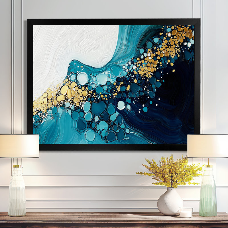 Abstrait aqua Pulse of the Ocean III - art mural abstrait, H 12 po x l 20 po, Cadre simple, Noir