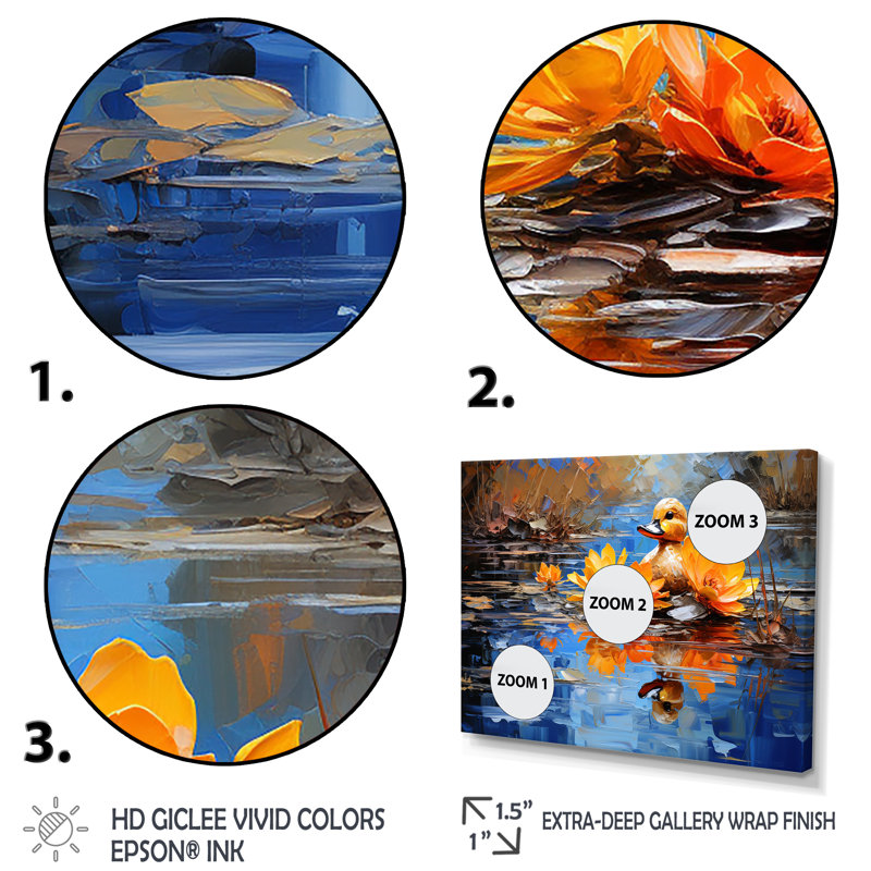 «Blue and Brown Duck In Pond III» - Art mural animal canard, Cadre flottant brun, H 16 po x l 32 po x P 1 po