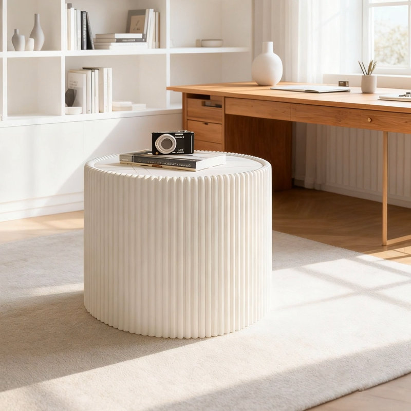 Table de bout moderne en forme de cylindre en ardoise pour canapé, H 17,41 po x L 17,41 po x P 17,41 po, Blanc
