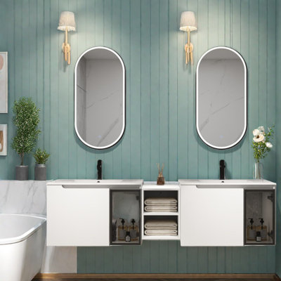 Meuble-lavabo moderne et brillant avec rangement, lavabo en céramique, conception à fermeture en douceur pour la maison
