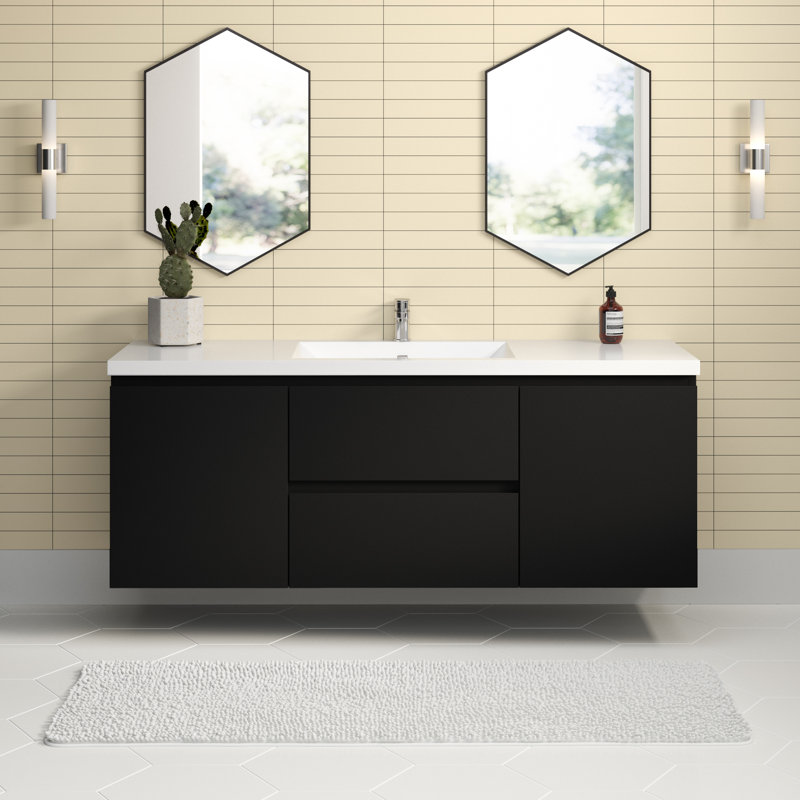 Ensemble de meuble-lavabo mural simple de 59,5 po Polychronis, Noir