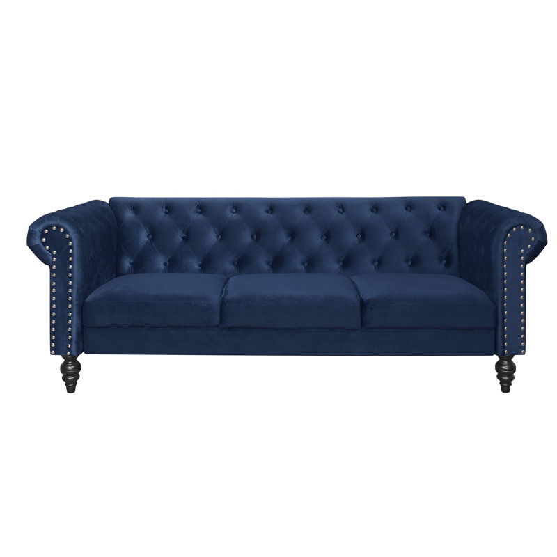 Canapé Chesterfield 84 po Channing, Velours bleu, H 30,5 po x l 84 po x P 30,5 po