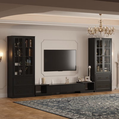 Meuble audio-vidéo réglable en bois d'ingénierie avec meuble télé extensible et bibliothèques en verre (ensemble de 3 pièces)