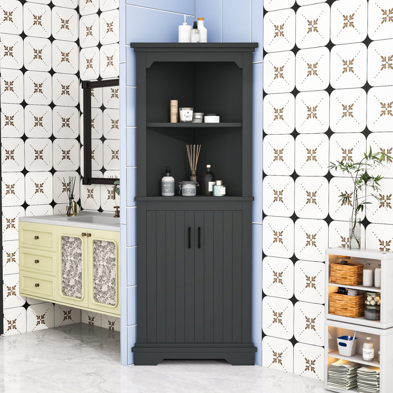 Armoire de rangement de coin de salle de bain autoportante avec tablette ouverte et rangement fermé, Noir