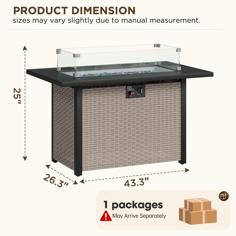 Table de foyer d'extérieur au propane en acier avec plateau en aluminium et pare-vent en verre 43,3 po Alto