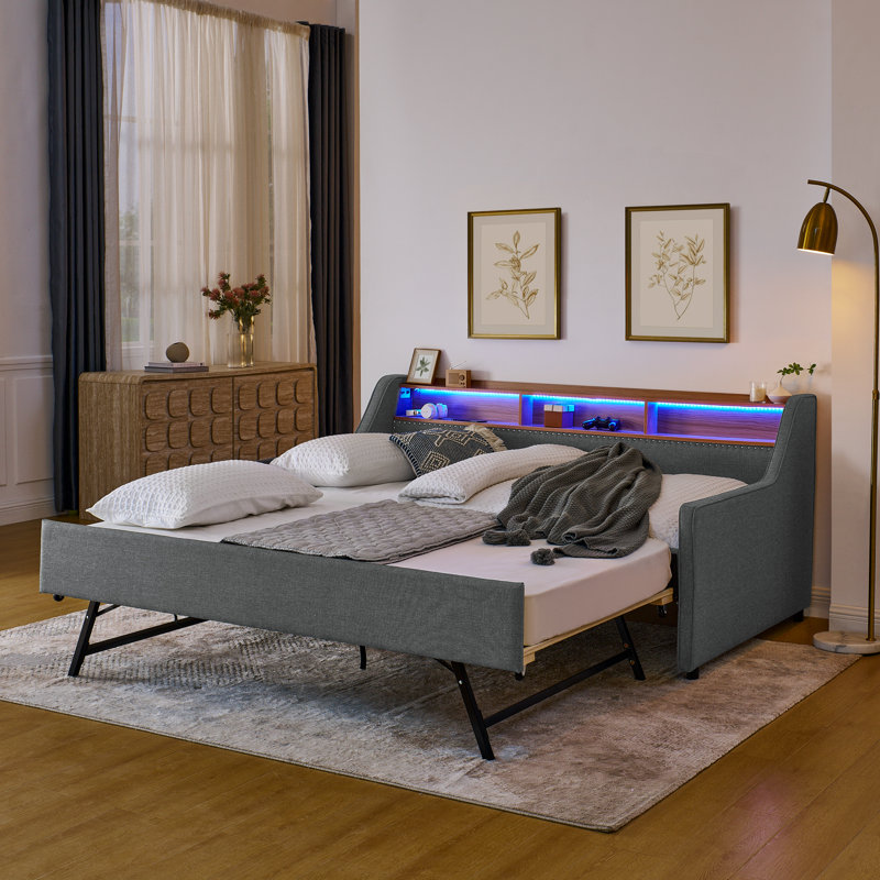 Tyvessa Contemporary Upholstered Sofa Bed with RGB LED Lights, Wireless Charging Headboard, Adjustable Storage Headboard & Dual Drawers