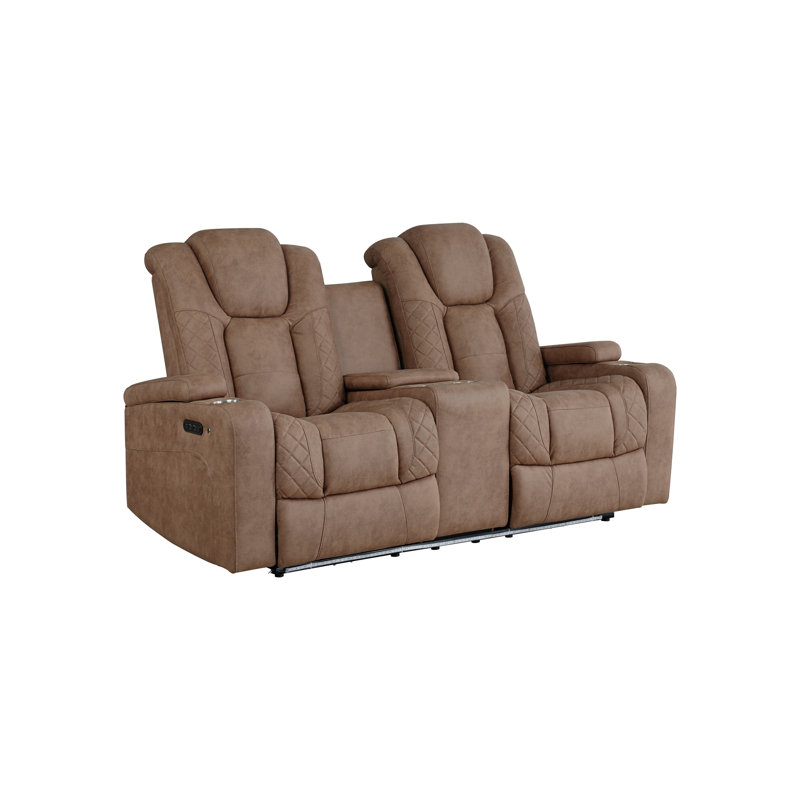 Causeuse inclinable électrique double avec console centrale, appuis-tête électriques, accoudoirs de rangement, porte-gobelets et éclairage DEL, brun clair