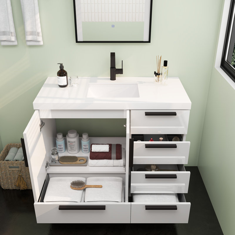Carla Freestanding Bathroom Vanity with Right Side Drawers, 42", Gloss White