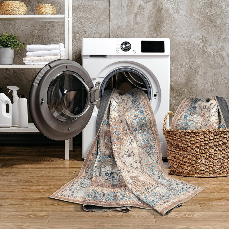 GLN Rugs Vintage Collection - Machine Washable Area Rug, Vintage Washable Rug, Non Slip Area Rug, Low Pile Living Room Rug, Bedroom Rug, Bathroom Rug - Easy Clean (Beige and Blue Rug)