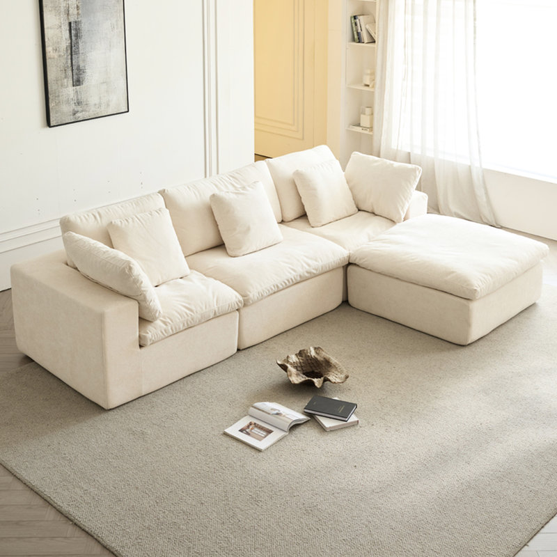 Canapé modulaire surdimensionné surdimensionné avec revêtement en velours côtelé, nuage à 4 places pour le salon, couleur beige et blanche, canapé en forme de L en éponge haute densité 33D sans déformation, résistance à la compression