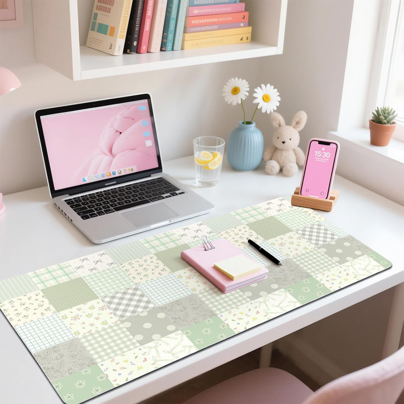 Mignon tapis de souris pour clavier de jeu à carreaux écossais vert, tapis de bureau en cuir antidérapant, grand tapis de bureau pour ordinateur portable 27,5 po x 12 po
