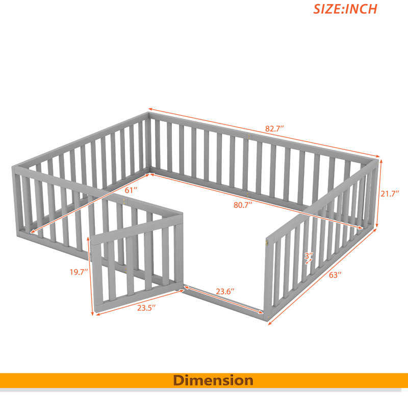 Wood Daybed Frame With Fence, Gray, Queen