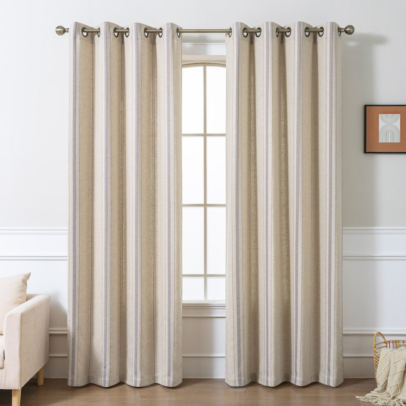 Linen Blend Striped Grommet Light Filtering Curtain Panel For Living Room, 52" W x 96" L, Black Stripe