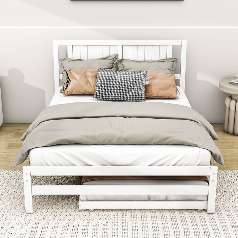 Full Size Platform Bed with Adjustable Trundle, White