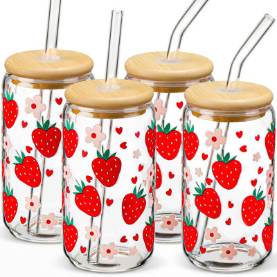 Glass Cups With Lids And Straws With Design Strawberry,Clear Glass Cups 16 Oz Drinking Glasses Set,Glass Tumbler,Cute Design Glass Iced Coffee Cups With Lids And Straws,(Strawberry Red/4 Pcs)