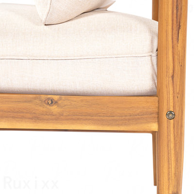 Outdoor Acacia Wood Right Armrest Sofa, Light Teak Finish With Beige Cushion