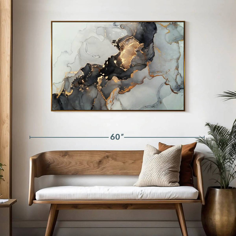 Éclaboussure noire et dorée, 46 po x 31 po, Cadre flottant doré