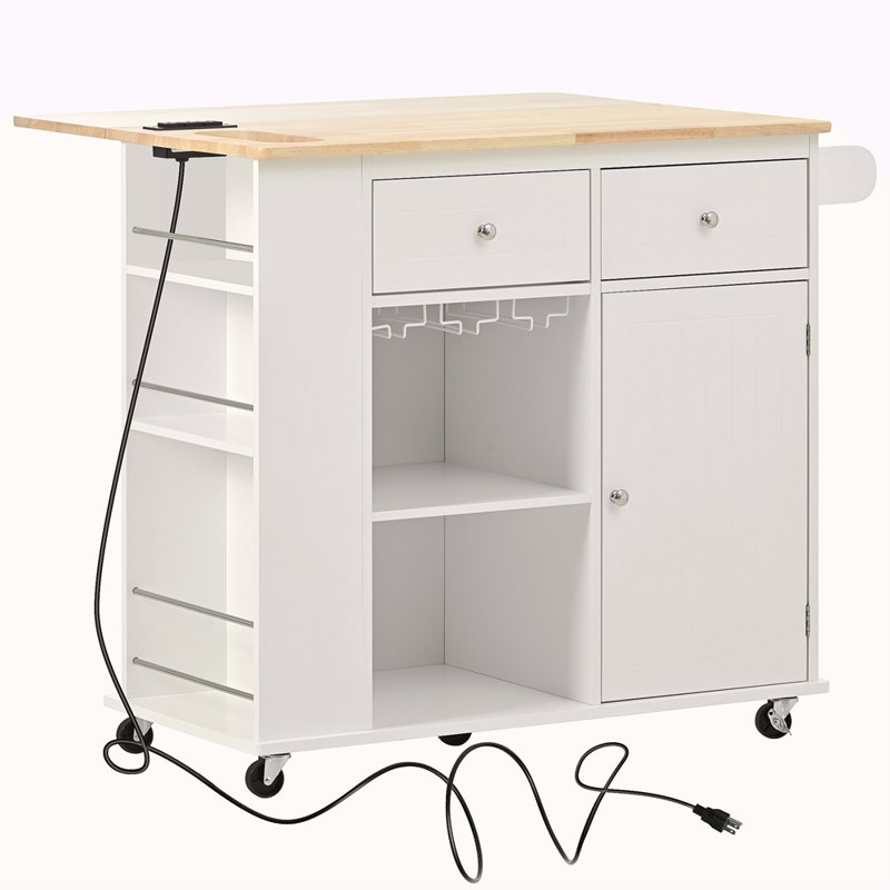 Kitchen Island With Power Outlet,Kitchen Storage Island With Drop Leaf And Rubber Wood,Open Storage And Wine Rack,5 Wheels,With Adjustable Storage For Home, Kitchen, And Dining Room