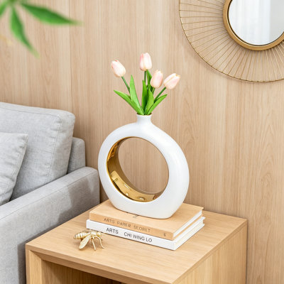 11X3.1X12" Round Vase,White/Gold