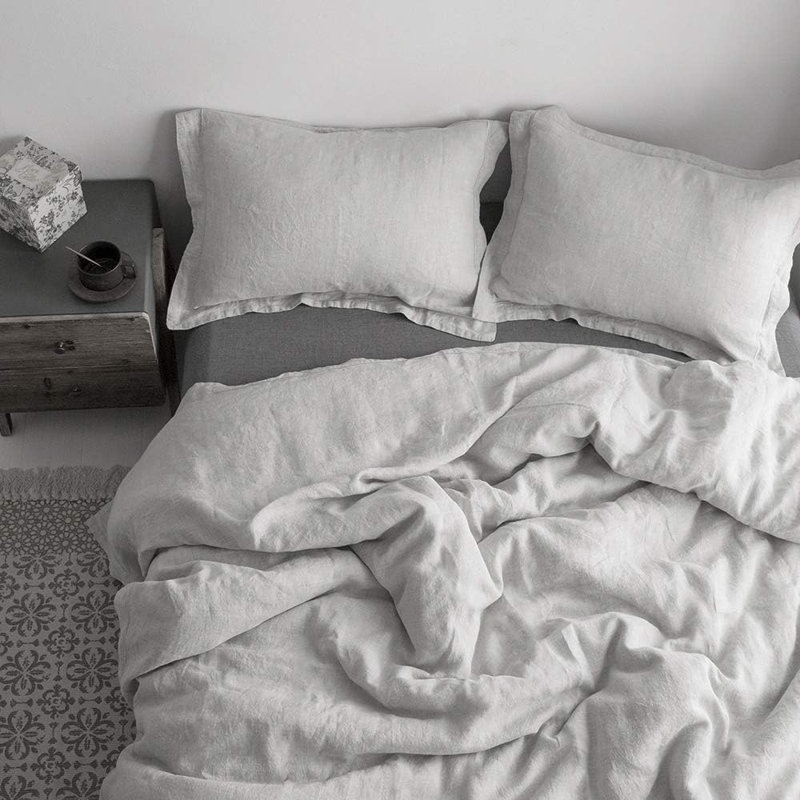 Ensemble de housse de couette 100% lin, Housse de couette double et 2 taies décoratives, Gris clair