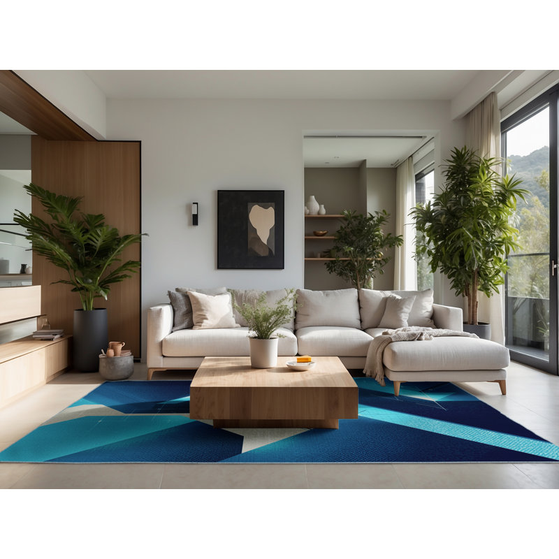 Tapis bleu à motif géométrique doux et moelleux Eaddy, 8' Round