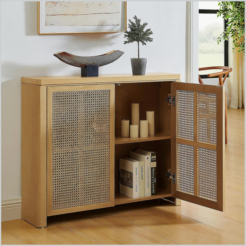 39.4" Rattan Sideboard Buffet Cabinet with 2 Outlet Holes, Coffee Bar Wine Bar Credenza, Retro Storage Cabinet, Natural/Gray