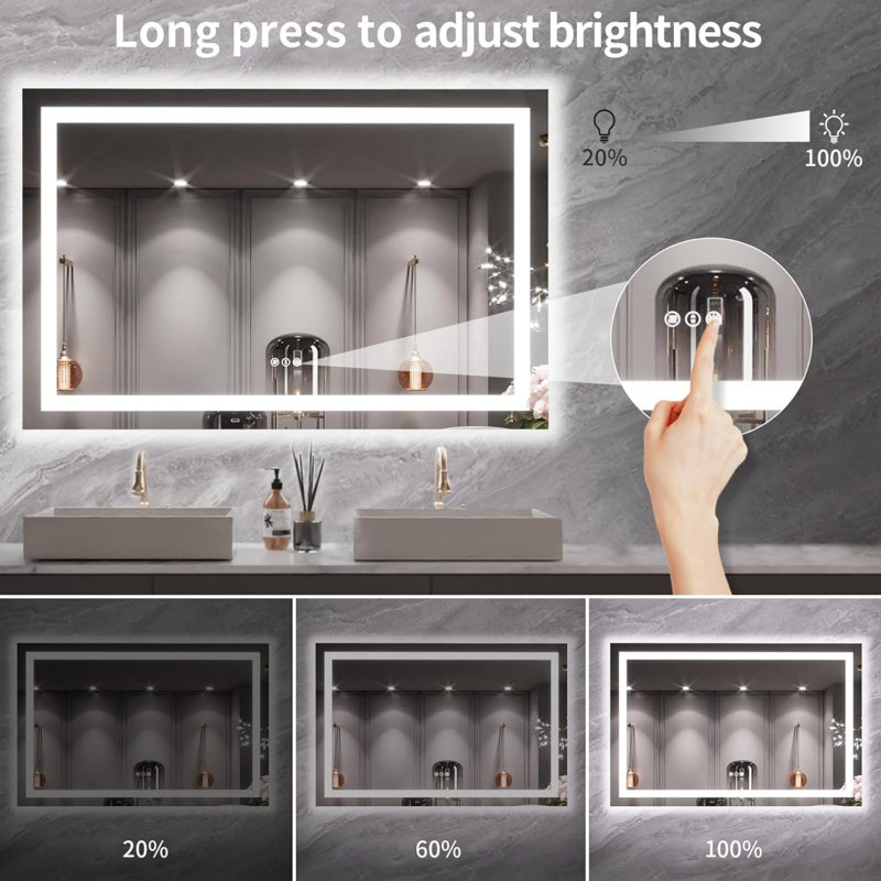 Miroir de salle de bain étanche IP54 - DEL antibuée, avant / rétroéclairé, commande tactile, DEL haute luminosité avec miroir CRI 95, intensité variable, températures de couleur réglables de 3 000 K / 4 500 K / 6 000 K