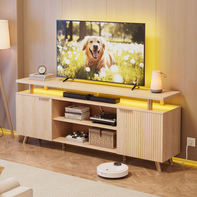 59" Modern TV Stand for TVs up to 65",TV Console with LED Lights, Power Strip, USB Ports & Adjustable Storage, Natural Wood