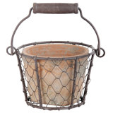 Aged Terracotta Pot in Wire Basket with Handle