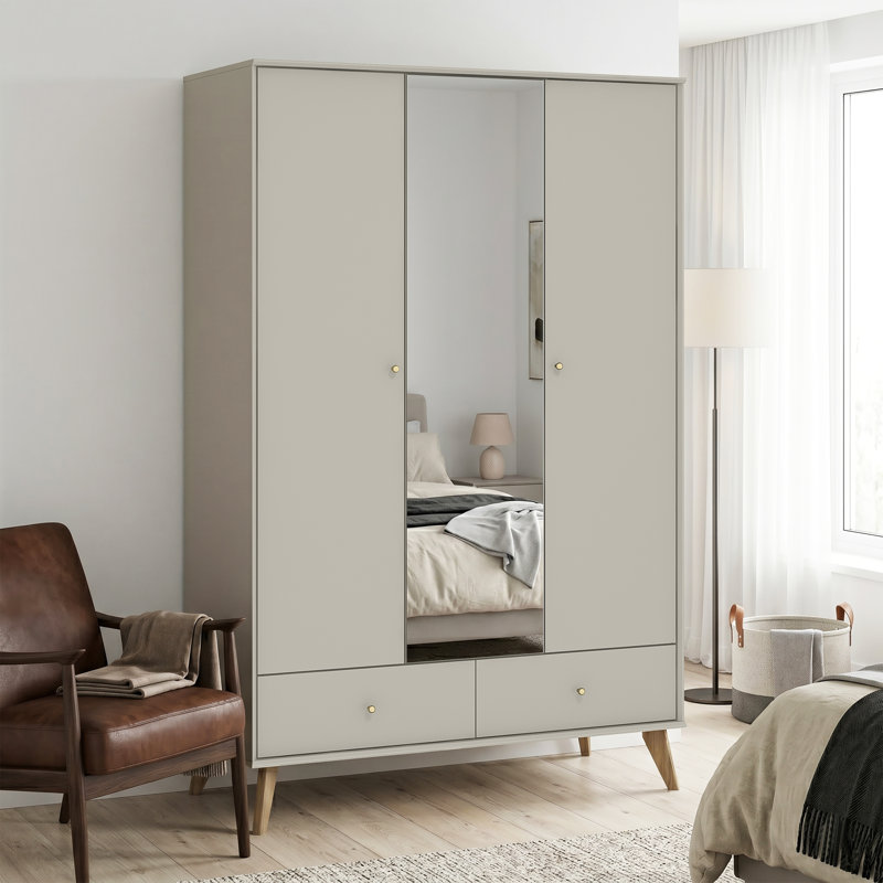 Abby 3 Door 2 Drawer Wardrobe With Mirror, Light Grey