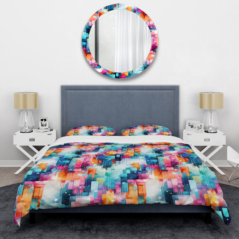 Ensemble de housse de couette bleu et rose, Housse de couette pour grand lit et 2 taies décor