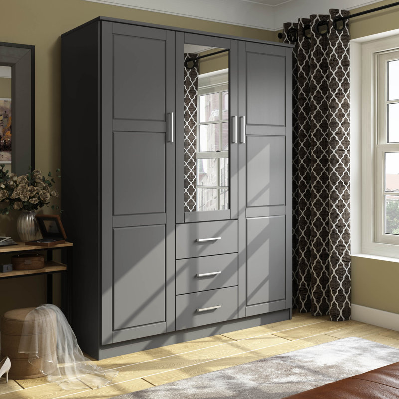  Aveah 100% Solid Wood Wardrobe Closet with Mirror, Drawers & Adjustable Shelves – Modern 3 Door Bedroom Armoire Storage Cabinet