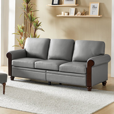 Cintia 81" Vegan Leather Sofa with Wooden Decoration Rolled Arms
