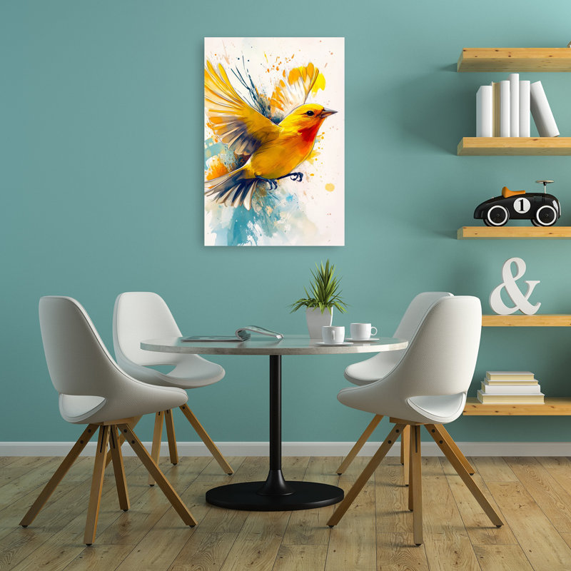 Vibrant Yellow Bird Abstract Colorful Energetic Bird Nature Summer Wall Art Print 1 Piece Wrapped Canvas Wall Art