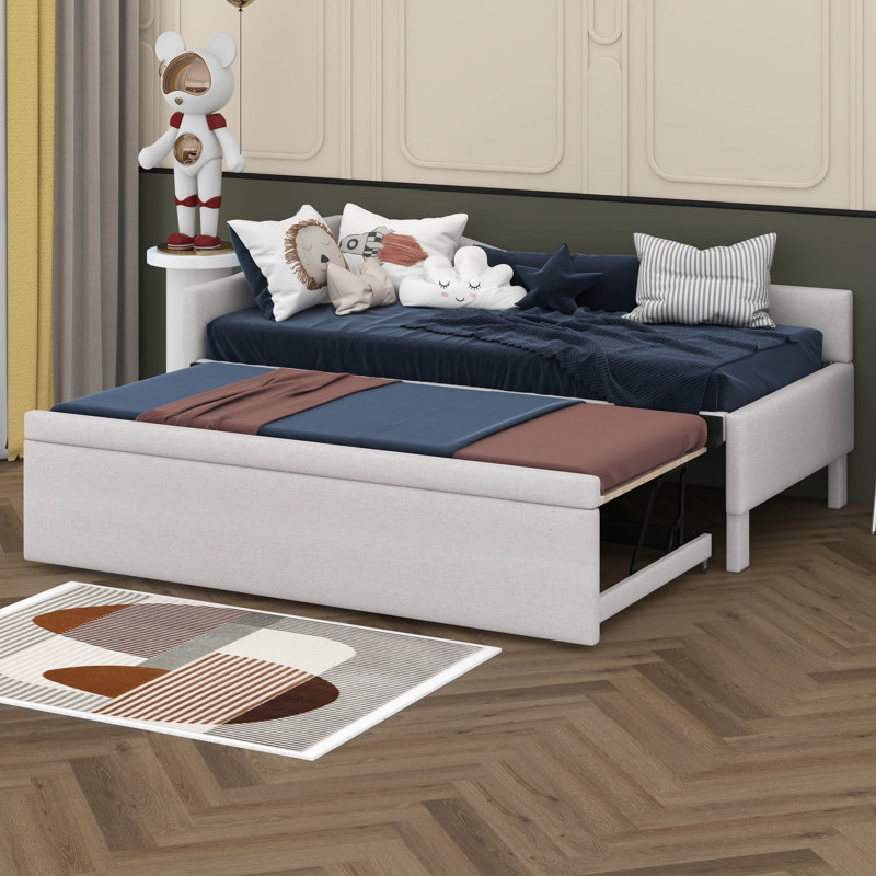 Twin Size Upholstered Daybed With Pop Up Trundle, Twin To King Size Daybed Sofa Bed With L-Shaped Backrest For Bedroom Guest Room