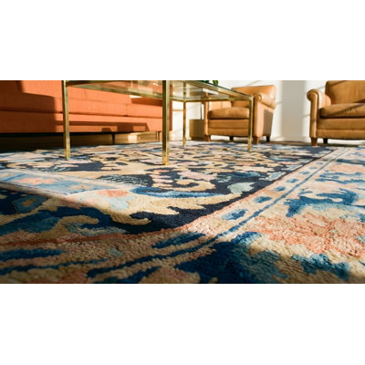 Tapis bleu antique antique en laine Art déco
