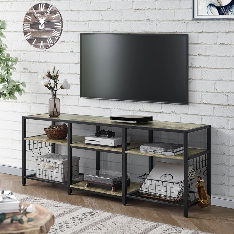 Meuble télé avec console de rangement ouverte à 3 niveaux Racavan, H 23,6 po x L 15,7 po x l 63 po, Gris