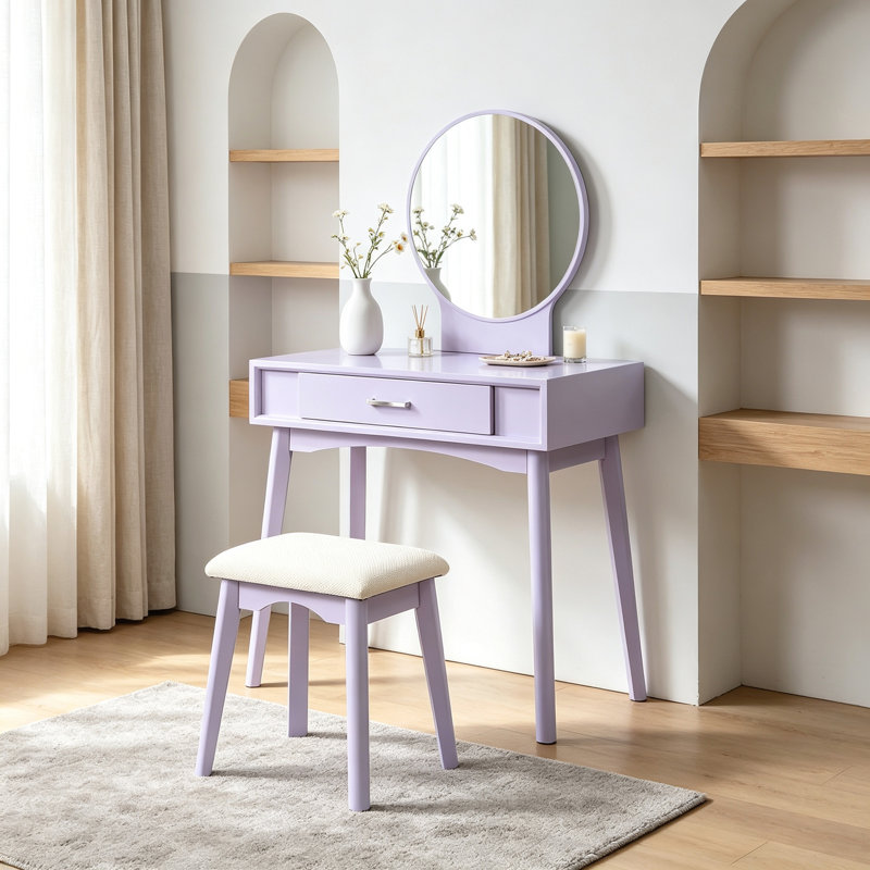 Ensemble coiffeuse et tabouret contemporain en bois, miroir rond à pieds fuselés, structure en hévéa massif et corps en MDF