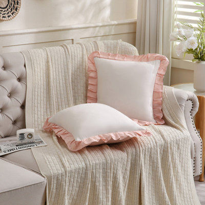 Pink and Beige Reversible King Pillow Shams - Cute Ruffled Pillowcases Set of 2, Soft Cover