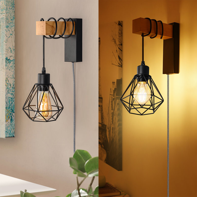Modern Plug in Wood Cage Black Wall Pendant Lamp Industrial Rustic Retro Adjustable Light Fixture