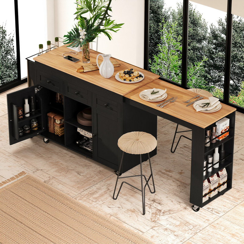 Îlot de cuisine 85,5 po avec centrale électrique et rangement extensible 85,5 po, Noir