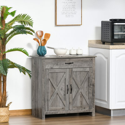 Sideboard Cabinet With Barn Door, Gray Wash Color. For Kitchen, Living Room, Entryway. Drawer & Two-Door Storage. Adjustable Shelf. Particleboard Made. Tipping Design. 31.5"W X 15.56"D 31.5"H. 90.2