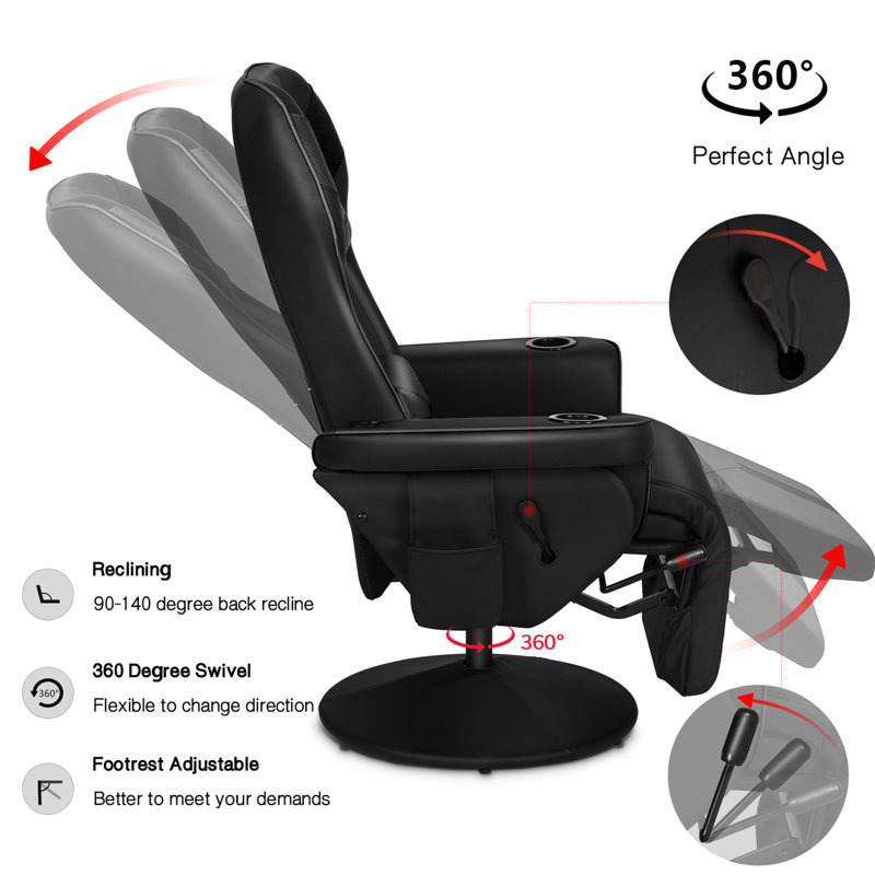 Inbox Zero Reclining Ergonomic Swiveling PC & Racing Game Chair with Built-in Speakers and Footrest, Black
