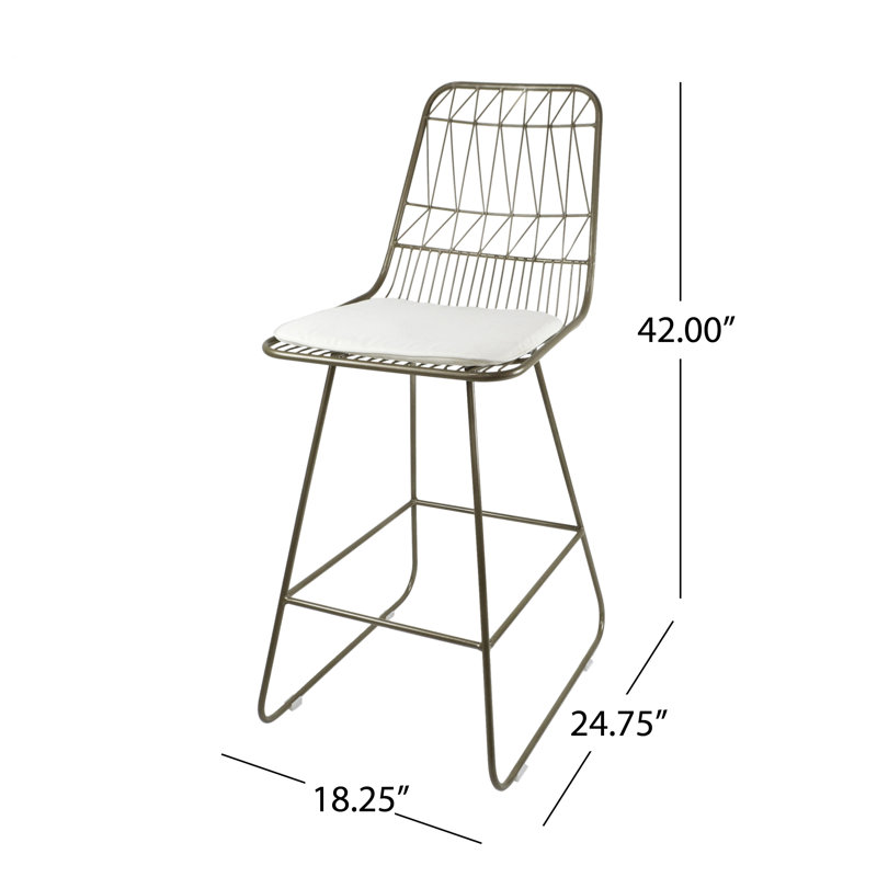 Set of 2 Light Brass Iron Counter Stools with Ivory Cushions