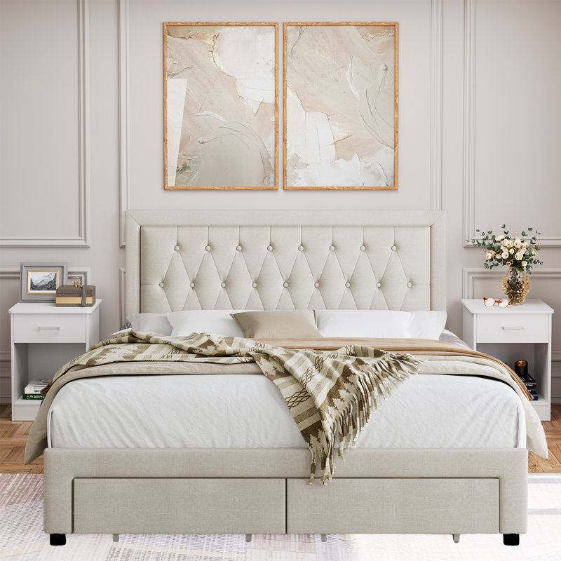 3-Piece Modern Wood Bedroom Set with Upholstered Platform Storage Bed & 2 Nightstands